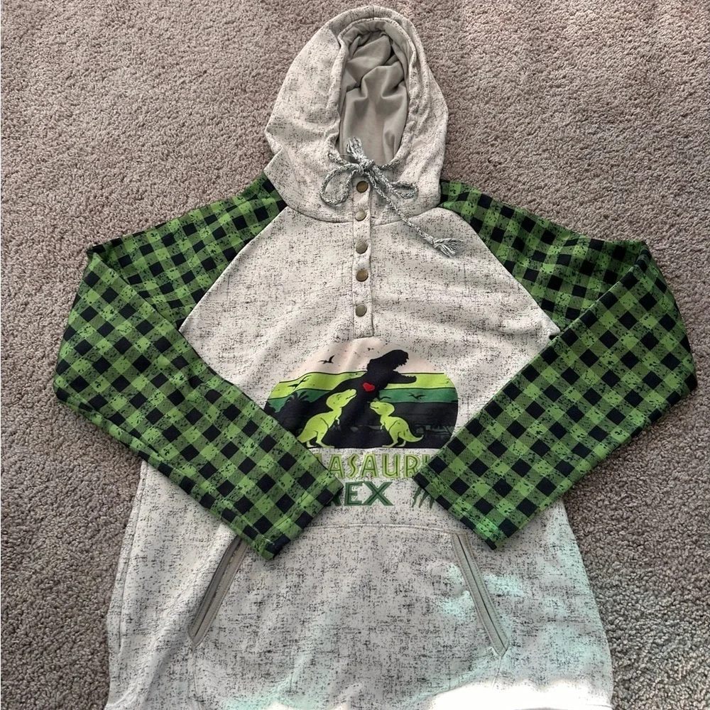 Dinosaur Graphic Hoodie with Checkered Sleeves Size L